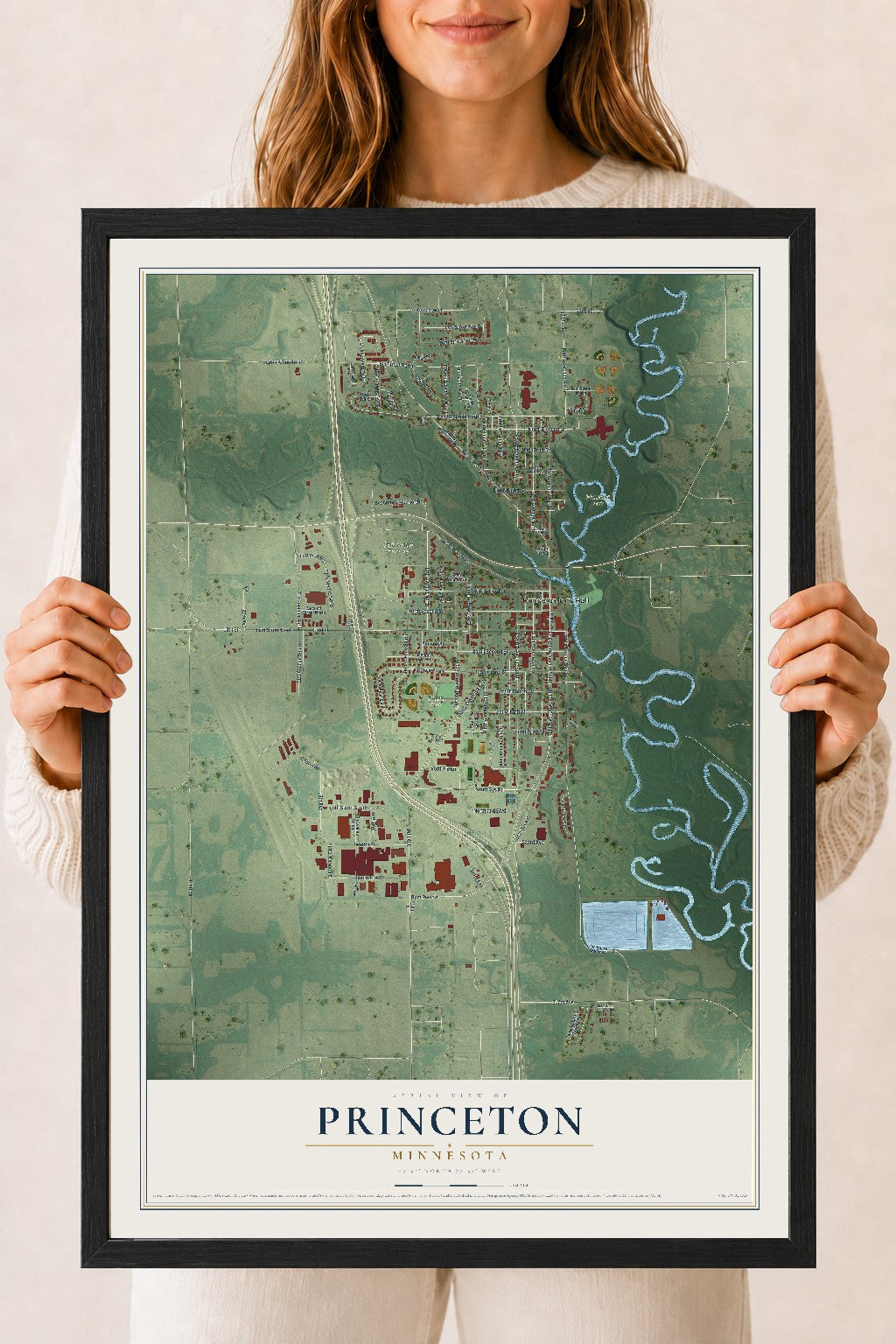 Map of Princeton, Minnesota, 18 x 24 inch print in a black wood frame