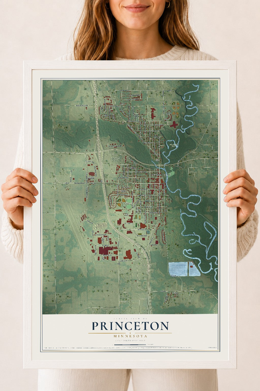 Map of Princeton, Minnesota, 18 x 24 inch print in a white wood frame