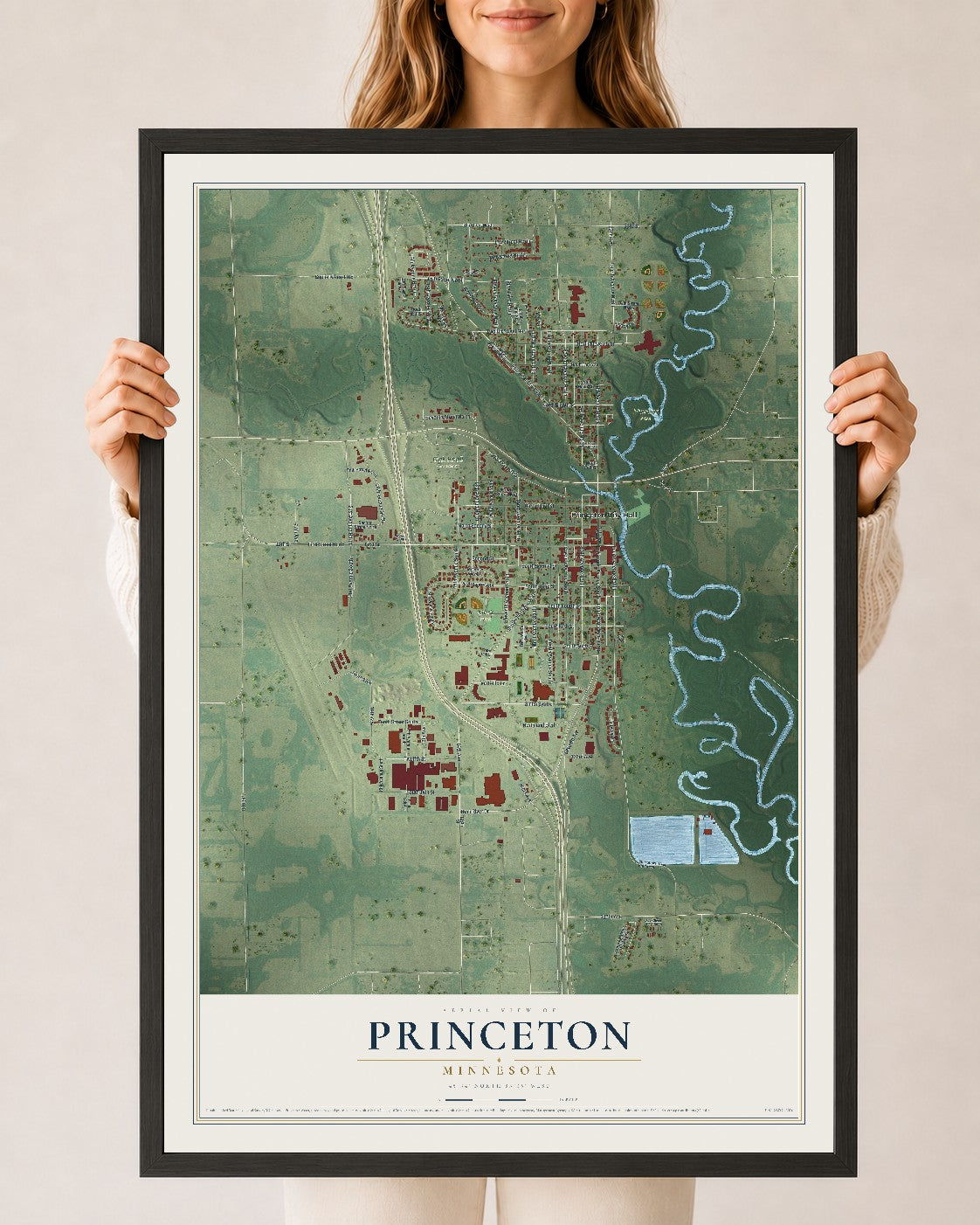 Map of Princeton, Minnesota, 24 x 36 inch print in a black wood frame