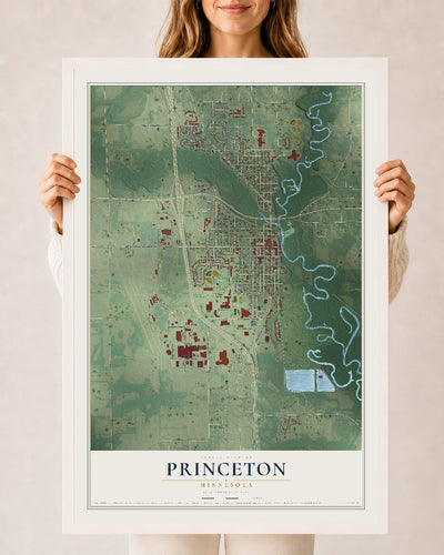 Map of Princeton, Minnesota, 24 x 36 inch print in a white wood frame