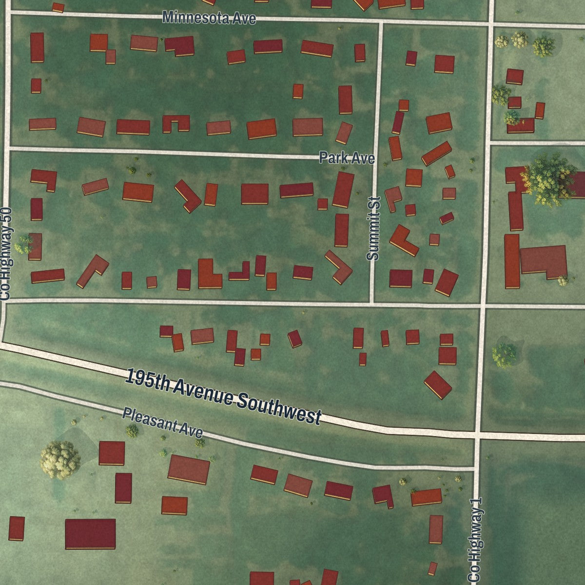 Close-up of the map of Prinsburg, Minnesota print showing street and building detail