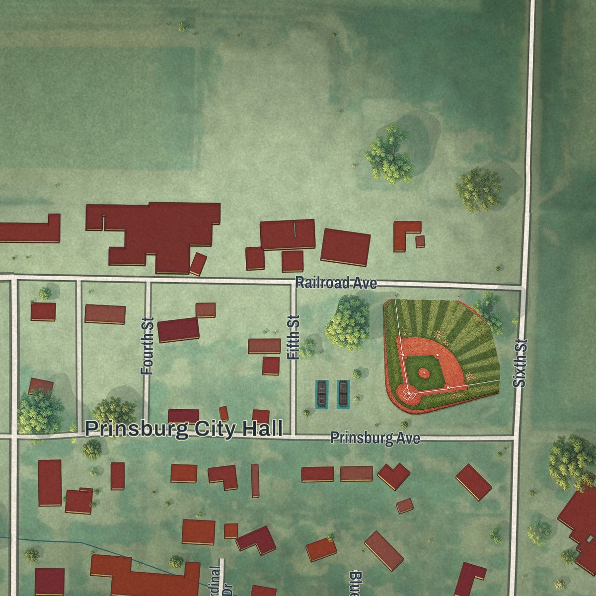 Second close-up of the map of Prinsburg, Minnesota print showing more streets and buildings