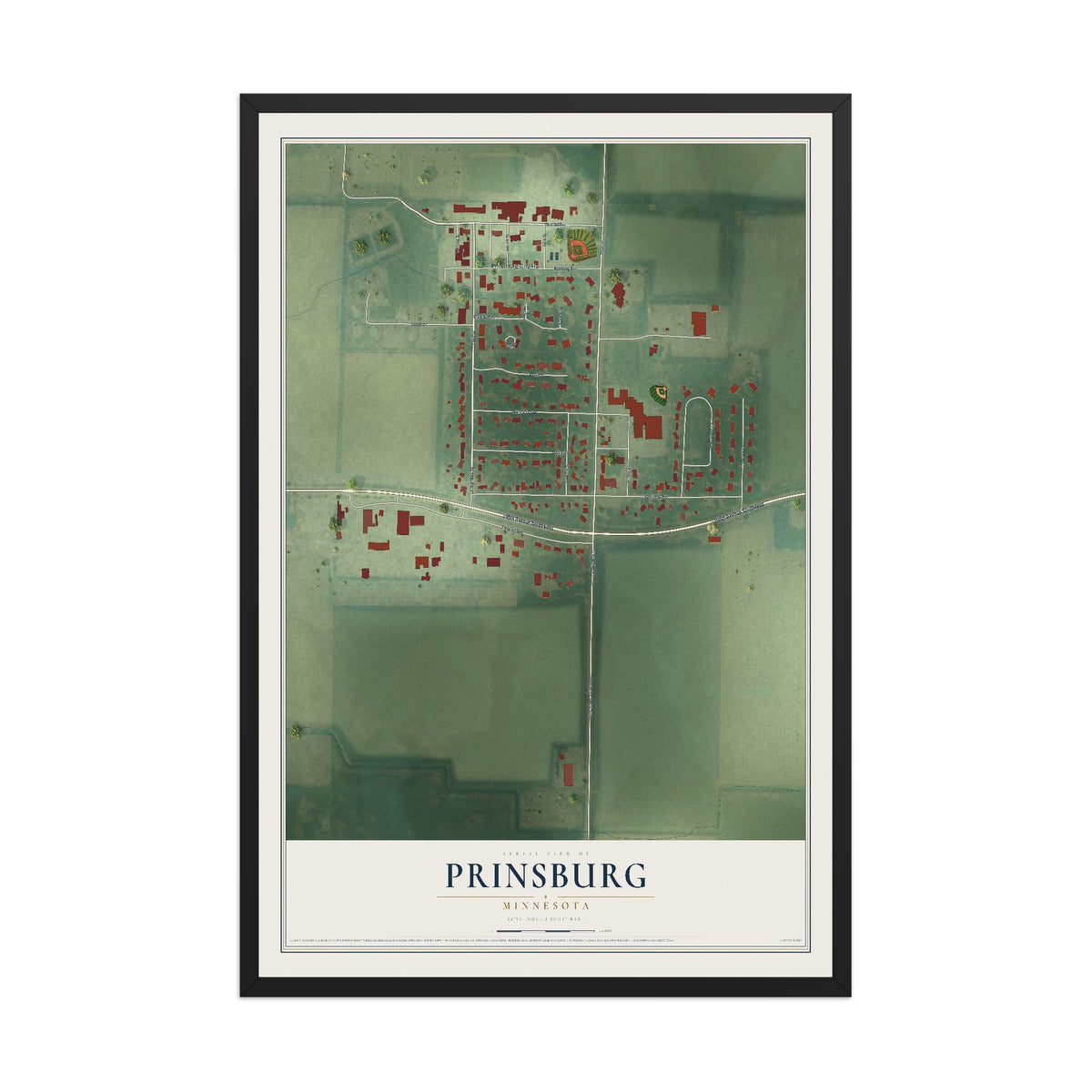 Map of Prinsburg, Minnesota, 12 x 18 inch print in a black wood frame