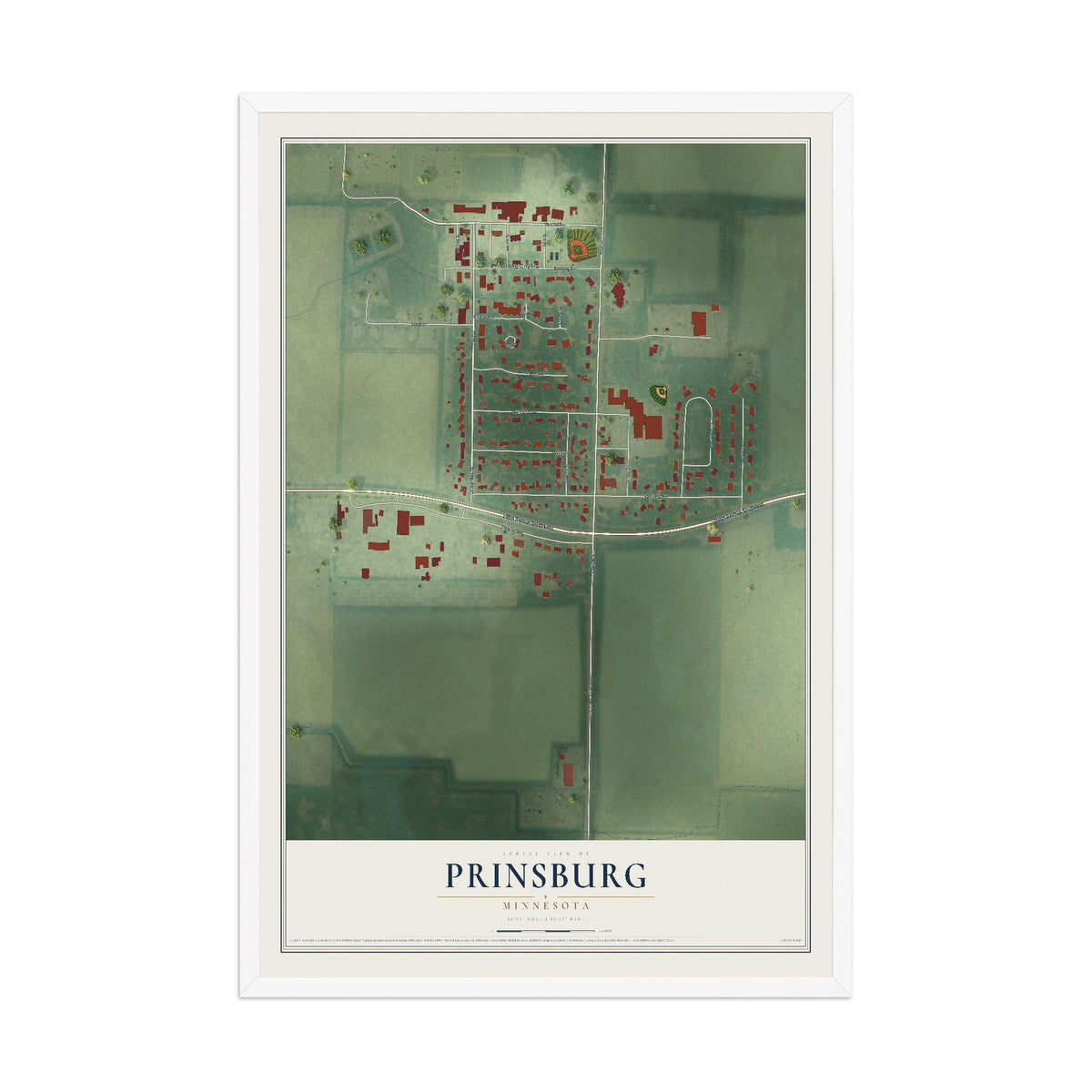 Map of Prinsburg, Minnesota, 12 x 18 inch print in a white wood frame