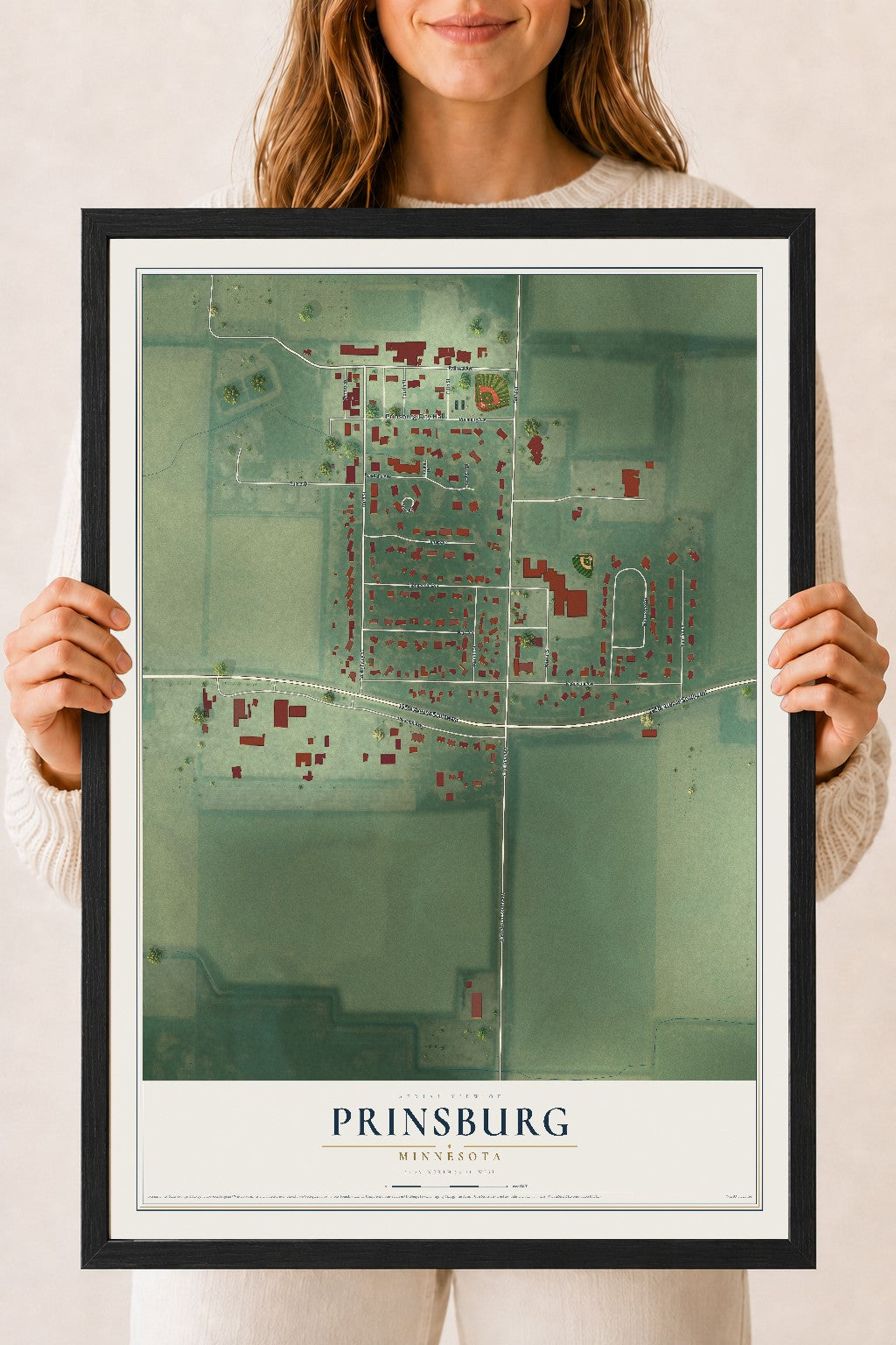 Map of Prinsburg, Minnesota, 18 x 24 inch print in a black wood frame