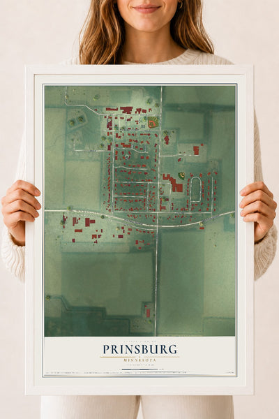 Map of Prinsburg, Minnesota, 18 x 24 inch print in a white wood frame