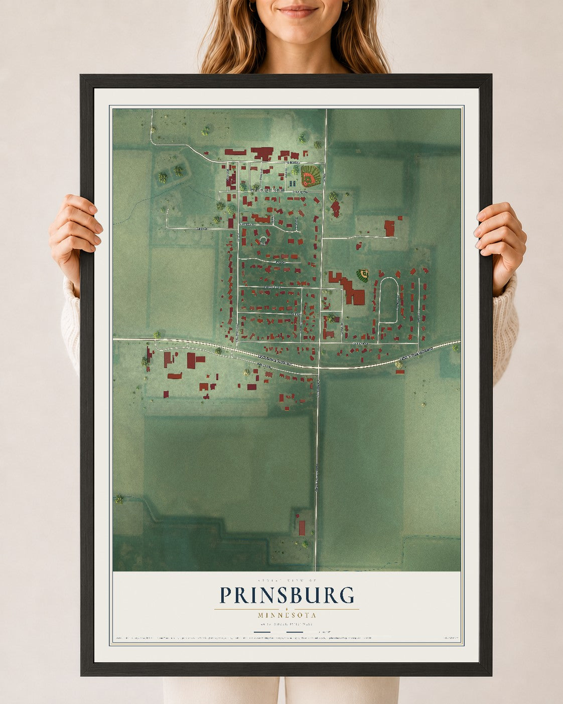 Map of Prinsburg, Minnesota, 24 x 36 inch print in a black wood frame