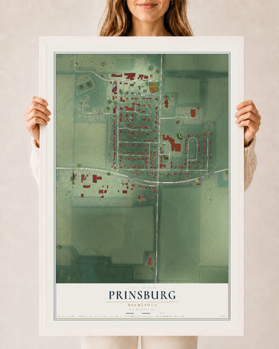 Map of Prinsburg, Minnesota, 24 x 36 inch print in a white wood frame