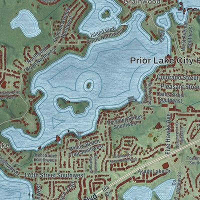 Close-up of the map of Prior Lake, Minnesota print showing street and building detail