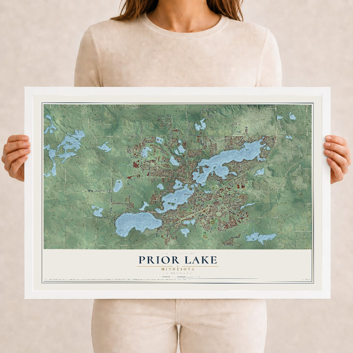 Map of Prior Lake, Minnesota, 12 x 18 inch print in a white wood frame