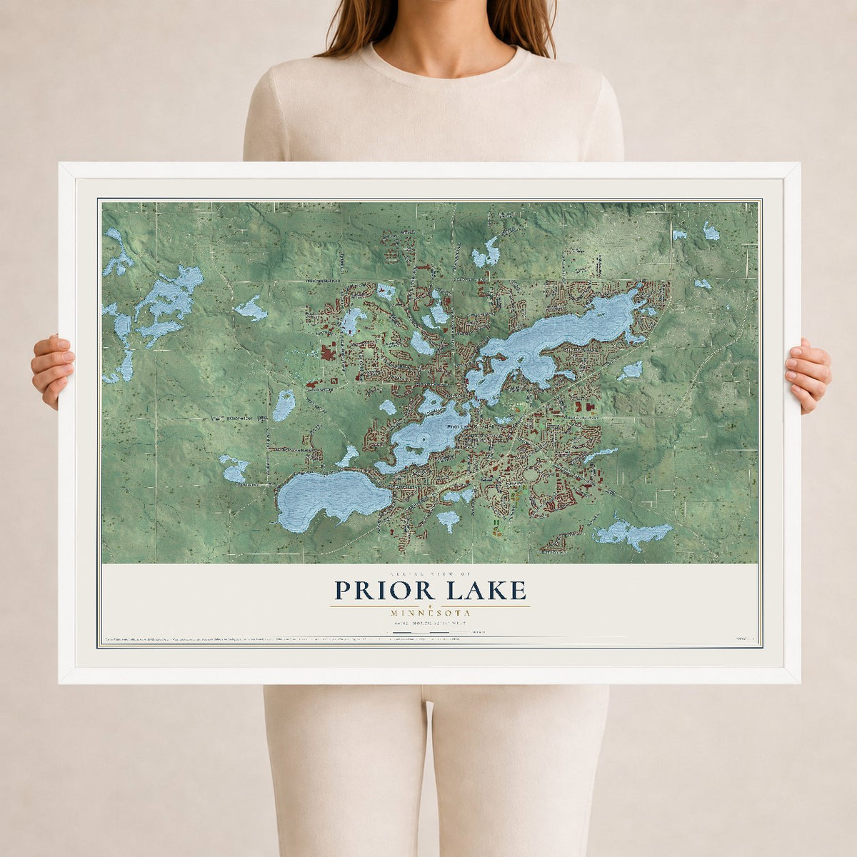 Map of Prior Lake, Minnesota, 24 x 36 inch print in a white wood frame