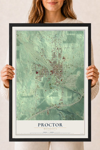 Map of Proctor, Minnesota, 18 x 24 inch print in a black wood frame