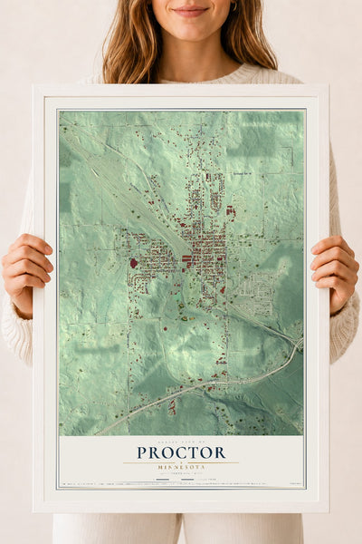Map of Proctor, Minnesota, 18 x 24 inch print in a white wood frame