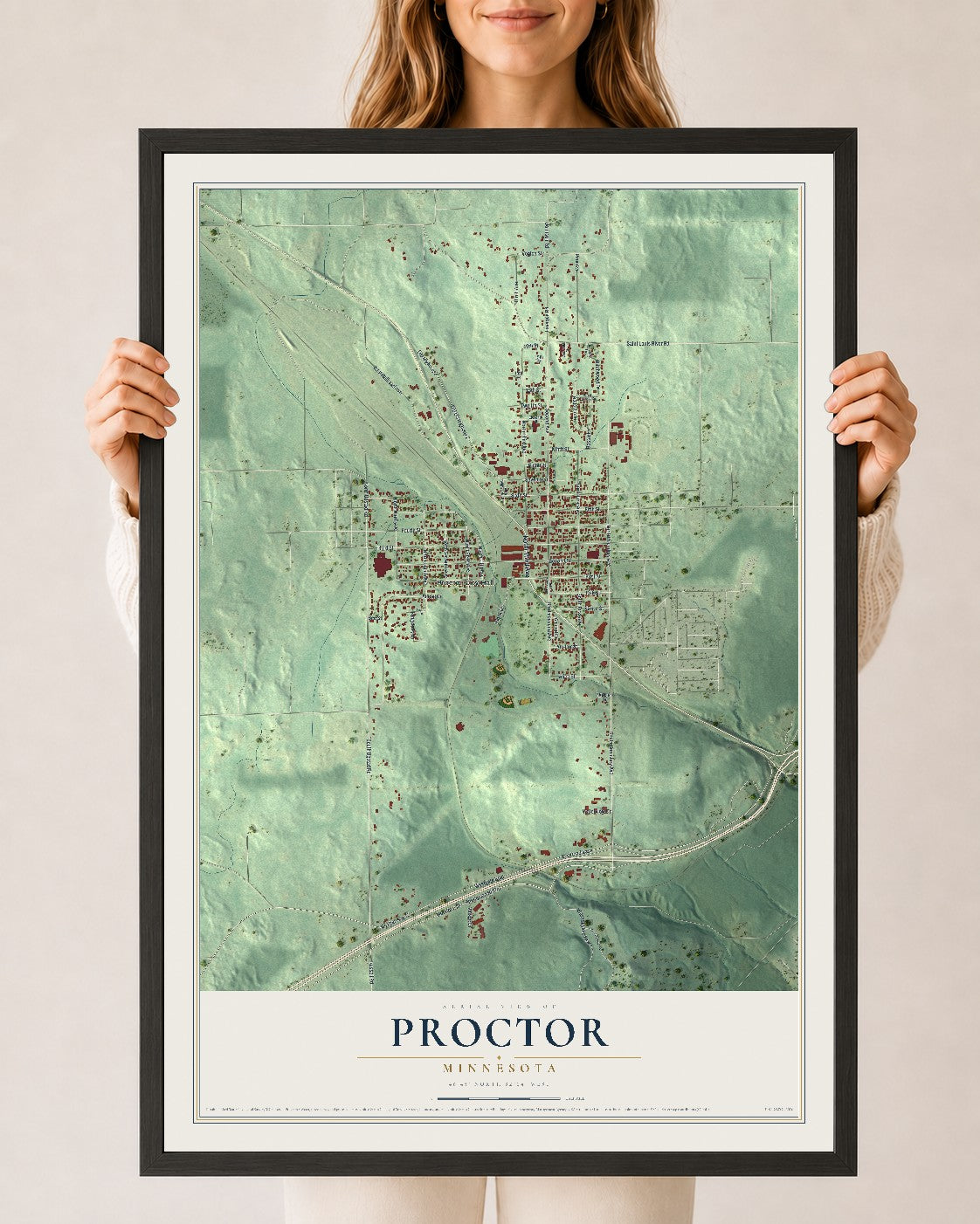 Map of Proctor, Minnesota, 24 x 36 inch print in a black wood frame
