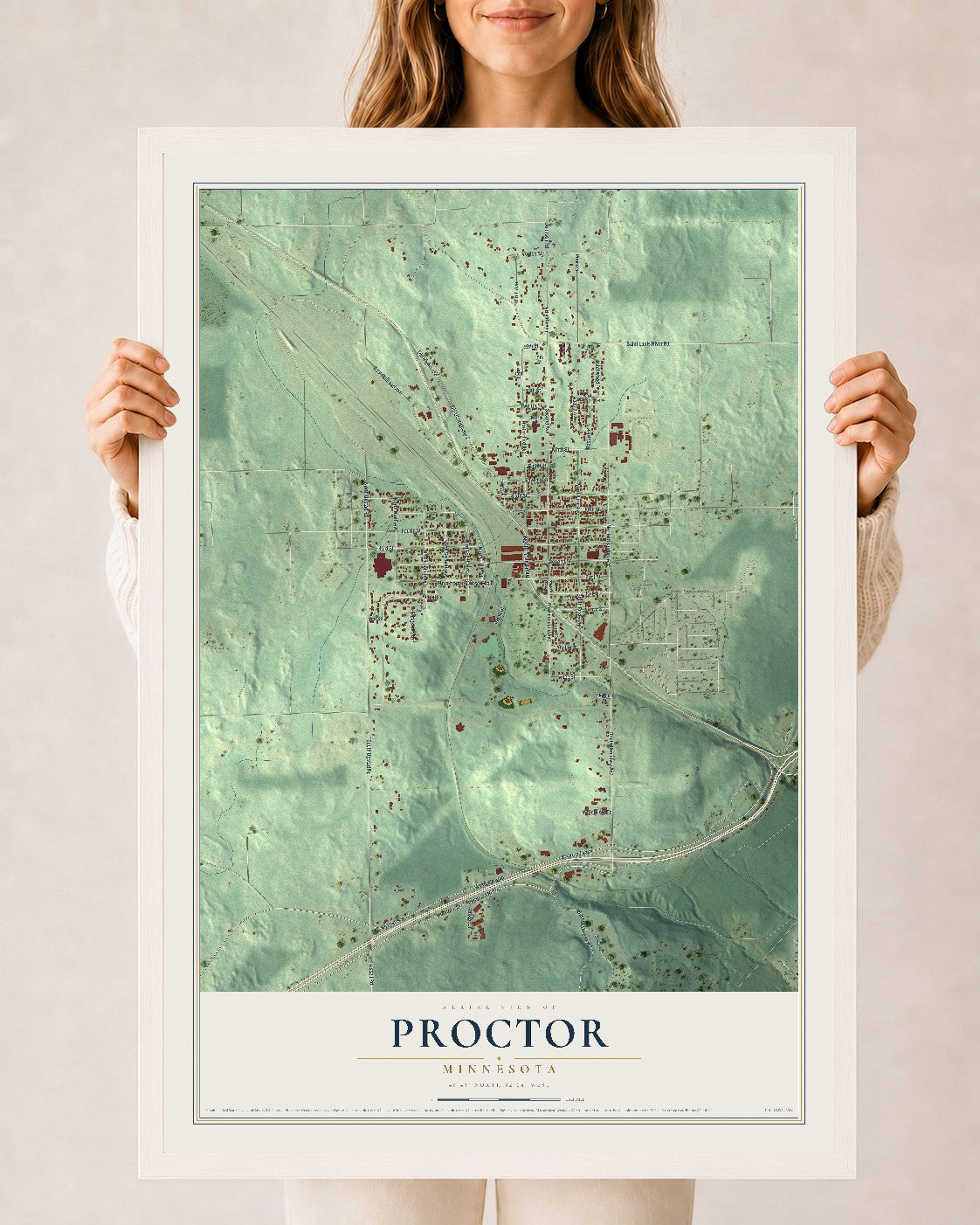Map of Proctor, Minnesota, 24 x 36 inch print in a white wood frame