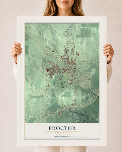 Map of Proctor, Minnesota, 24 x 36 inch print in a white wood frame