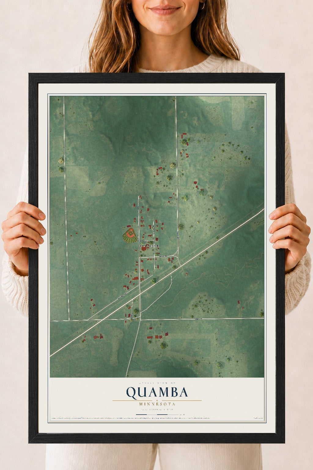 Map of Quamba, Minnesota, 18 x 24 inch print in a black wood frame