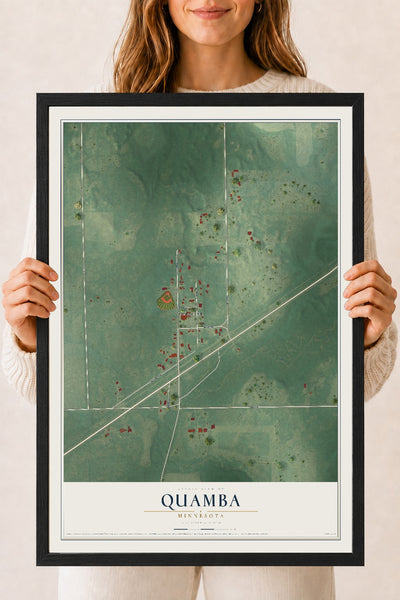 Map of Quamba, Minnesota, 18 x 24 inch print in a black wood frame