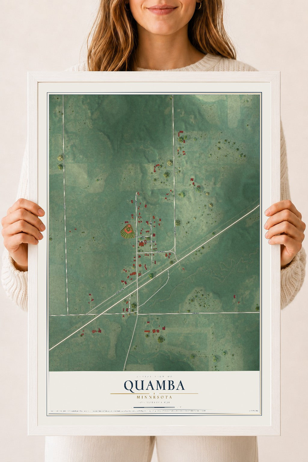 Map of Quamba, Minnesota, 18 x 24 inch print in a white wood frame