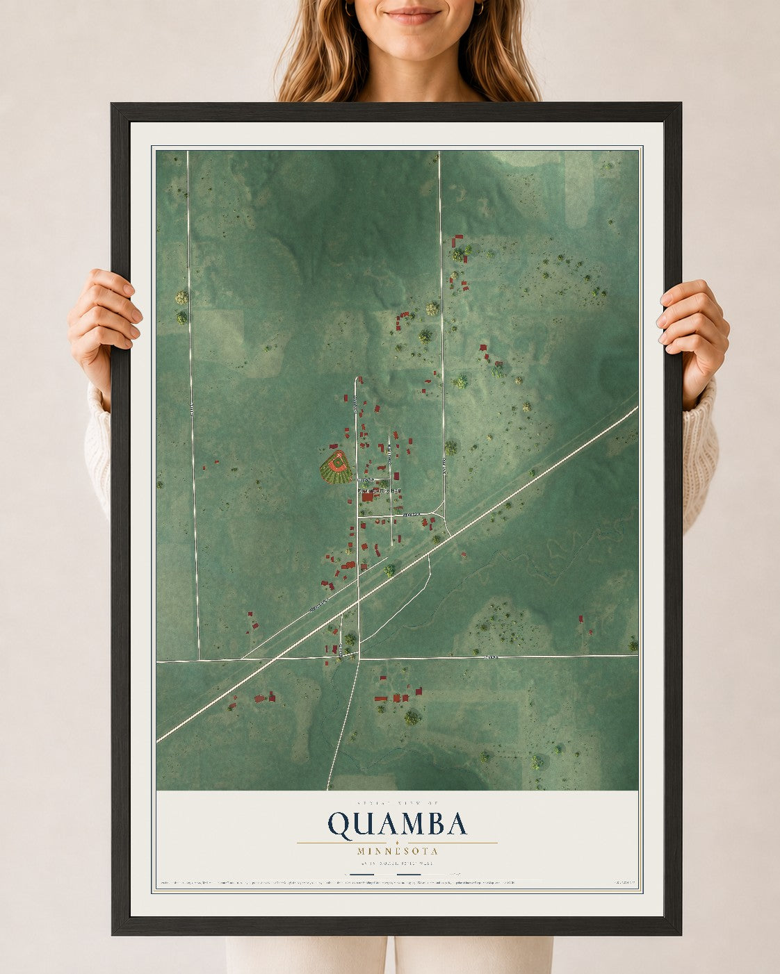 Map of Quamba, Minnesota, 24 x 36 inch print in a black wood frame