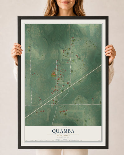 Map of Quamba, Minnesota, 24 x 36 inch print in a black wood frame