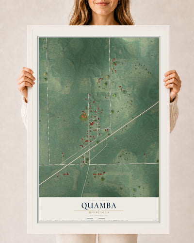 Map of Quamba, Minnesota, 24 x 36 inch print in a white wood frame
