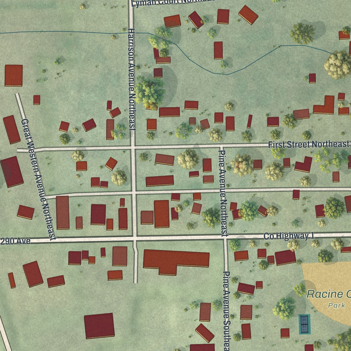 Close-up of the map of Racine, Minnesota print showing street and building detail