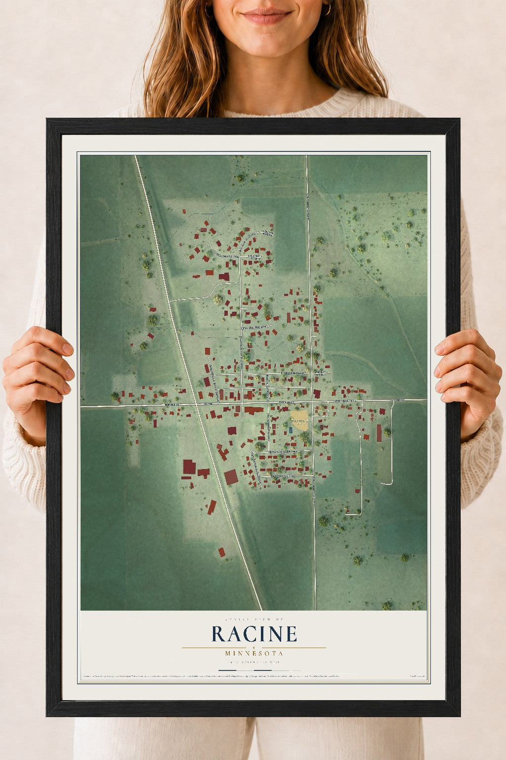Map of Racine, Minnesota, 18 x 24 inch print in a black wood frame