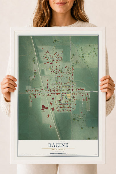 Map of Racine, Minnesota, 18 x 24 inch print in a white wood frame
