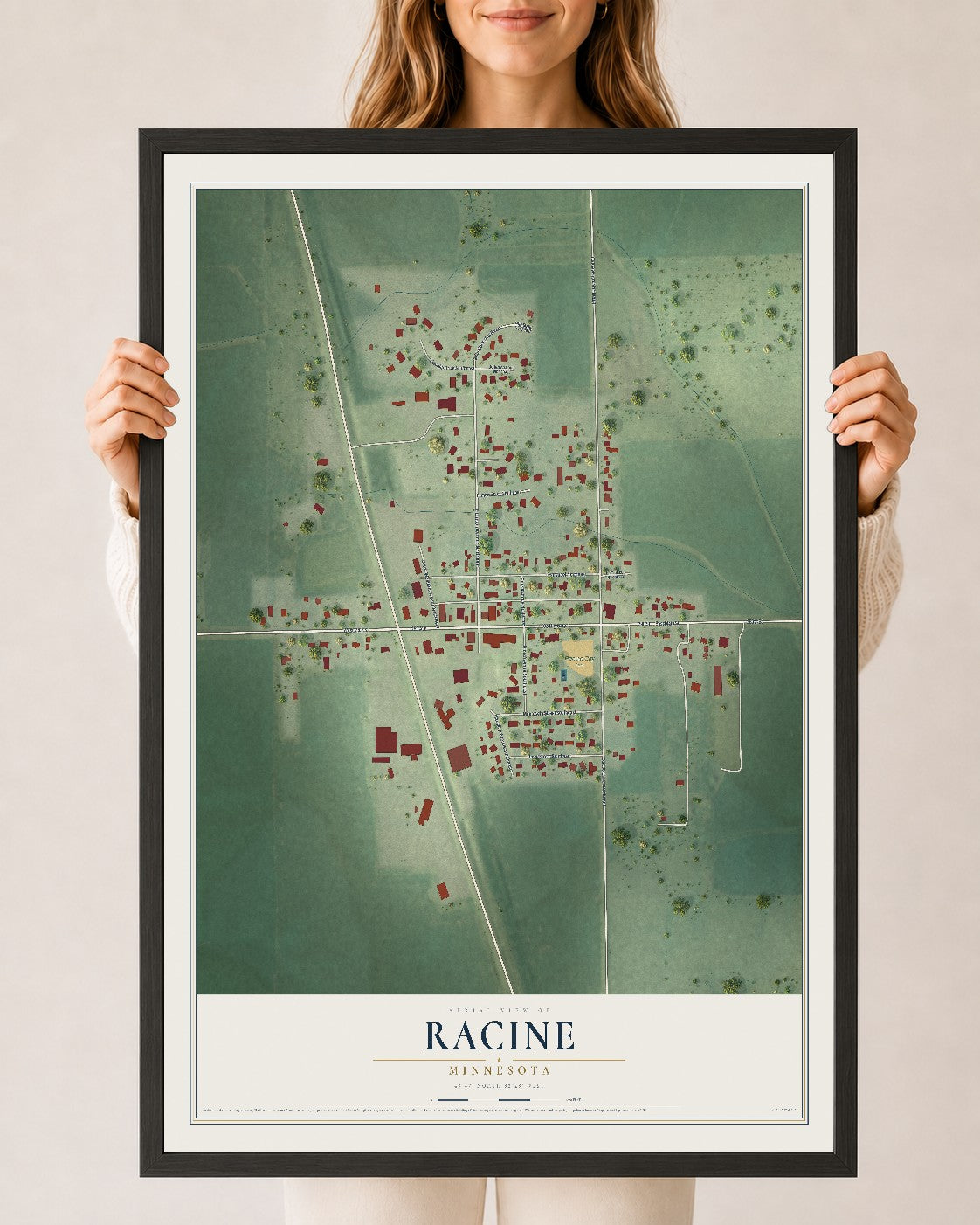 Map of Racine, Minnesota, 24 x 36 inch print in a black wood frame