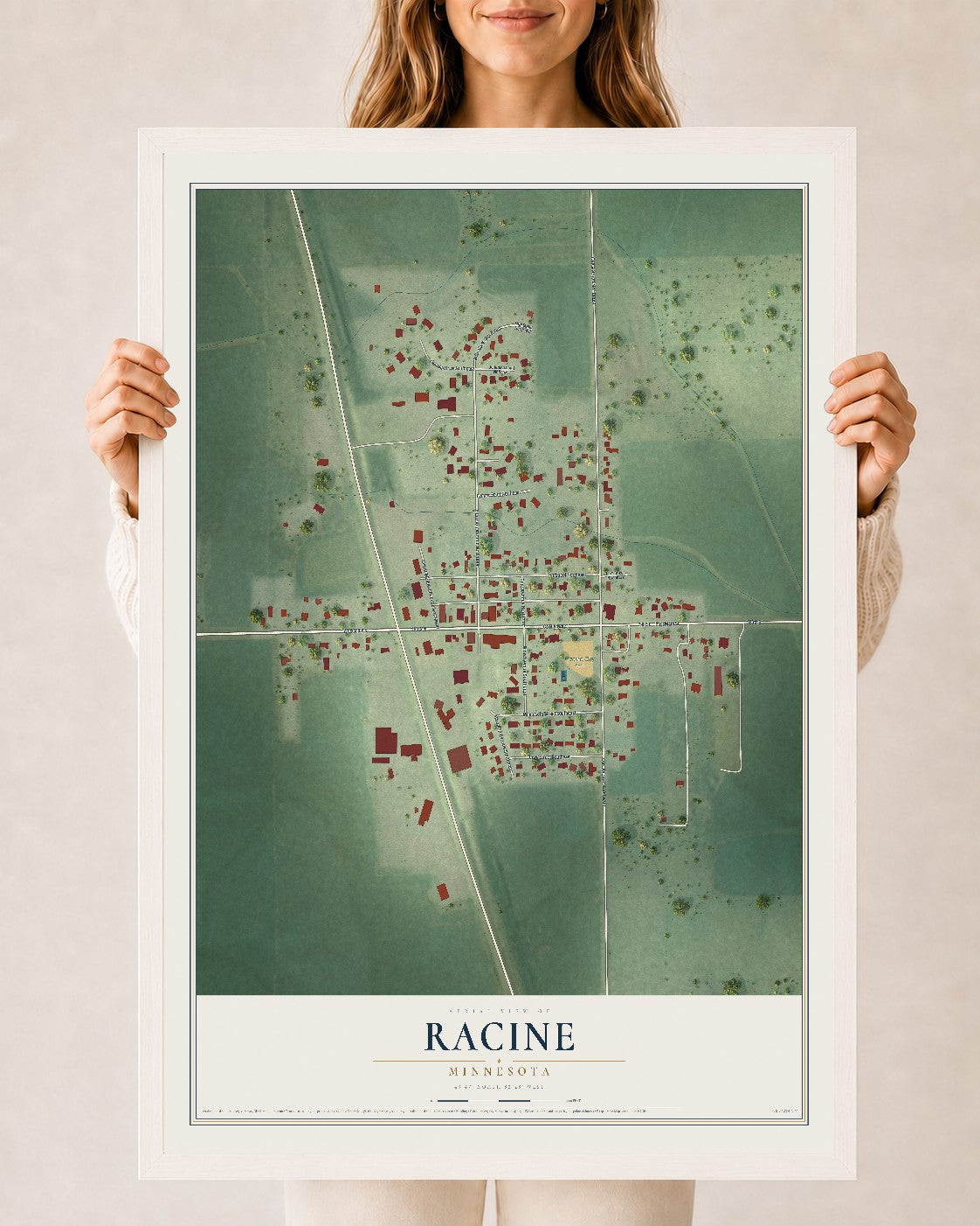 Map of Racine, Minnesota, 24 x 36 inch print in a white wood frame