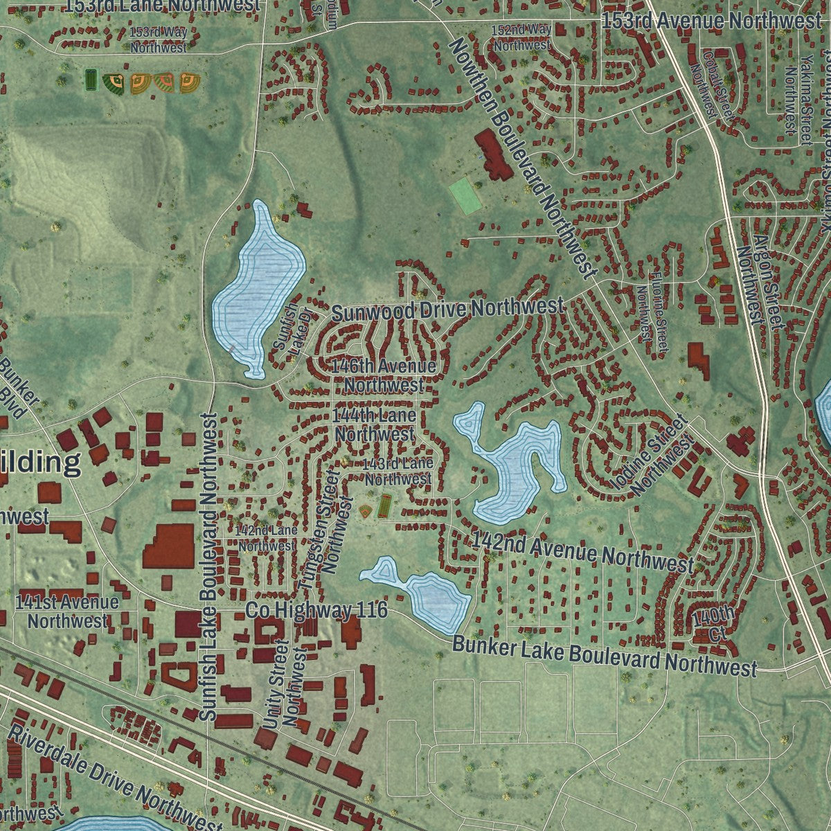 Close-up of the map of Ramsey, Minnesota print showing street and building detail