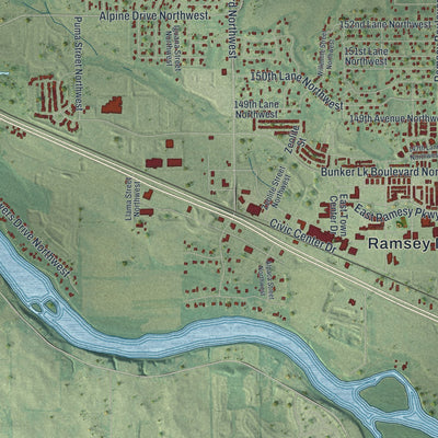 Second close-up of the map of Ramsey, Minnesota print showing more streets and buildings