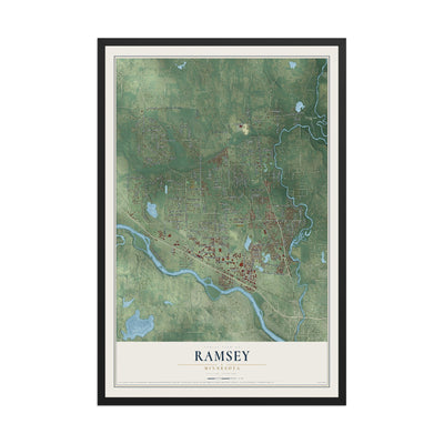 Map of Ramsey, Minnesota, 12 x 18 inch print in a black wood frame