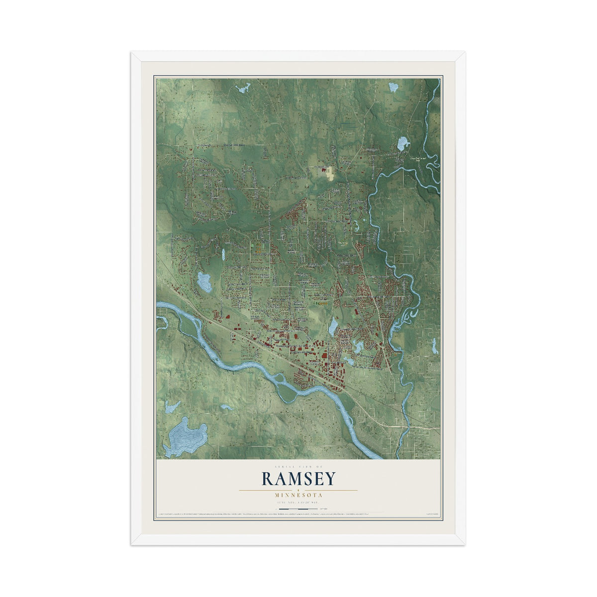 Map of Ramsey, Minnesota, 12 x 18 inch print in a white wood frame