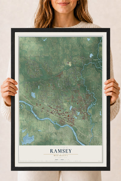 Map of Ramsey, Minnesota, 18 x 24 inch print in a black wood frame