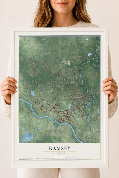Map of Ramsey, Minnesota, 18 x 24 inch print in a white wood frame