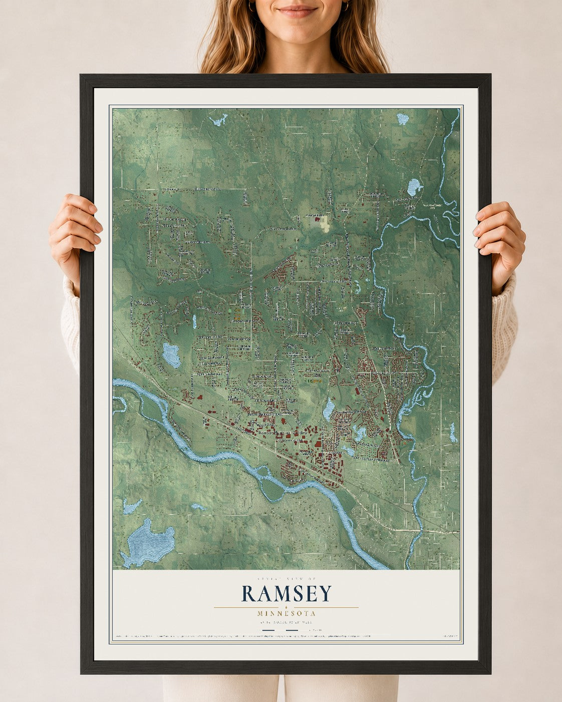 Map of Ramsey, Minnesota, 24 x 36 inch print in a black wood frame