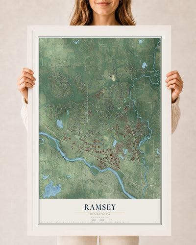 Map of Ramsey, Minnesota, 24 x 36 inch print in a white wood frame