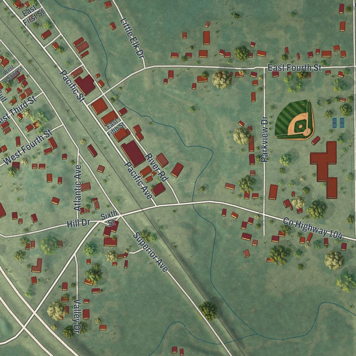 Close-up of the map of Randall, Minnesota print showing street and building detail