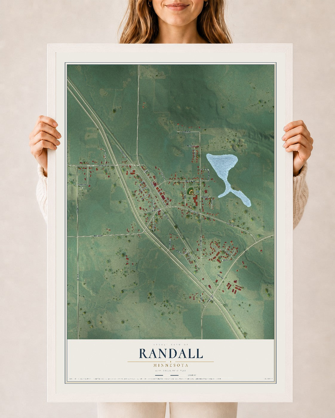 Map of Randall, Minnesota, 24 x 36 inch print in a white wood frame