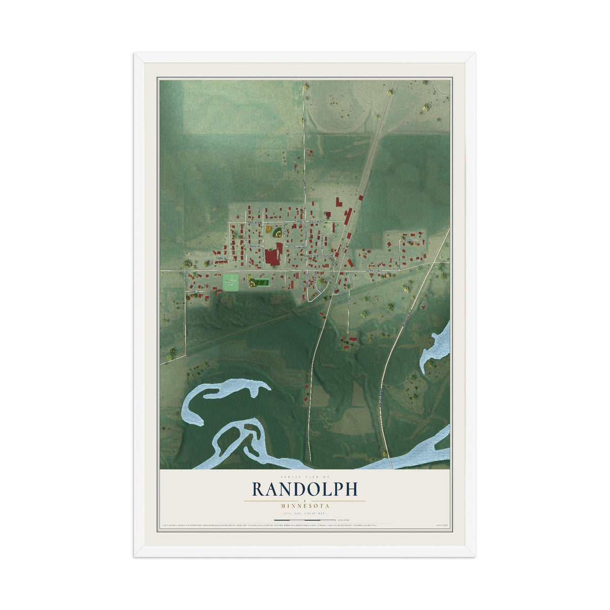 Map of Randolph, Minnesota, 12 x 18 inch print in a white wood frame