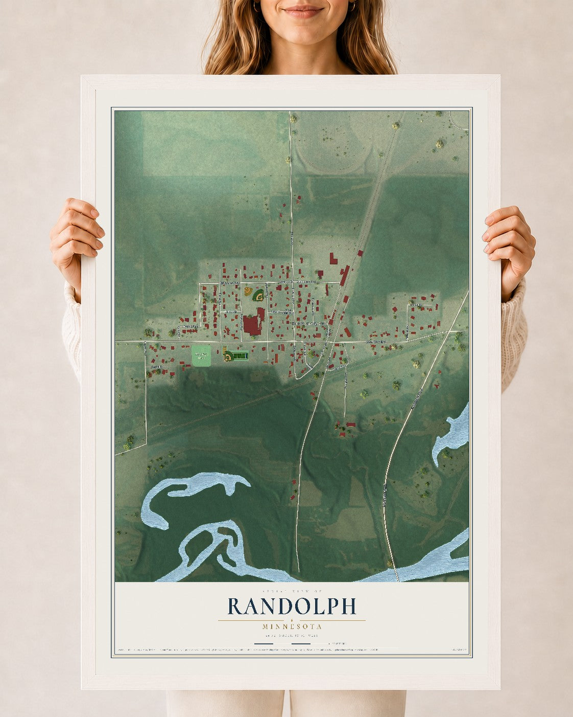 Map of Randolph, Minnesota, 24 x 36 inch print in a white wood frame