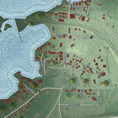 Close-up of the map of Ranier, Minnesota print showing street and building detail