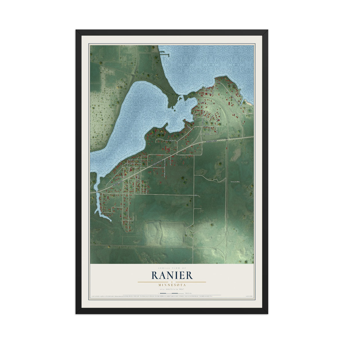 Map of Ranier, Minnesota, 12 x 18 inch print in a black wood frame