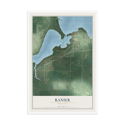 Map of Ranier, Minnesota, 12 x 18 inch print in a white wood frame