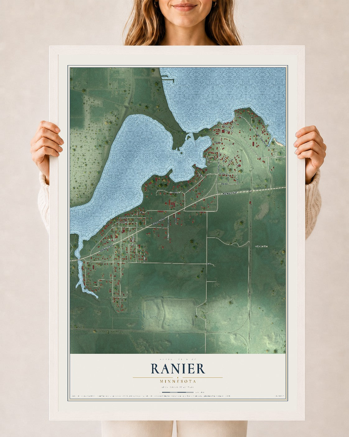 Map of Ranier, Minnesota, 24 x 36 inch print in a white wood frame