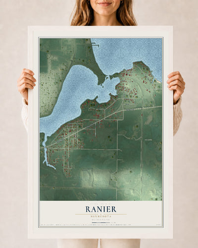 Map of Ranier, Minnesota, 24 x 36 inch print in a white wood frame