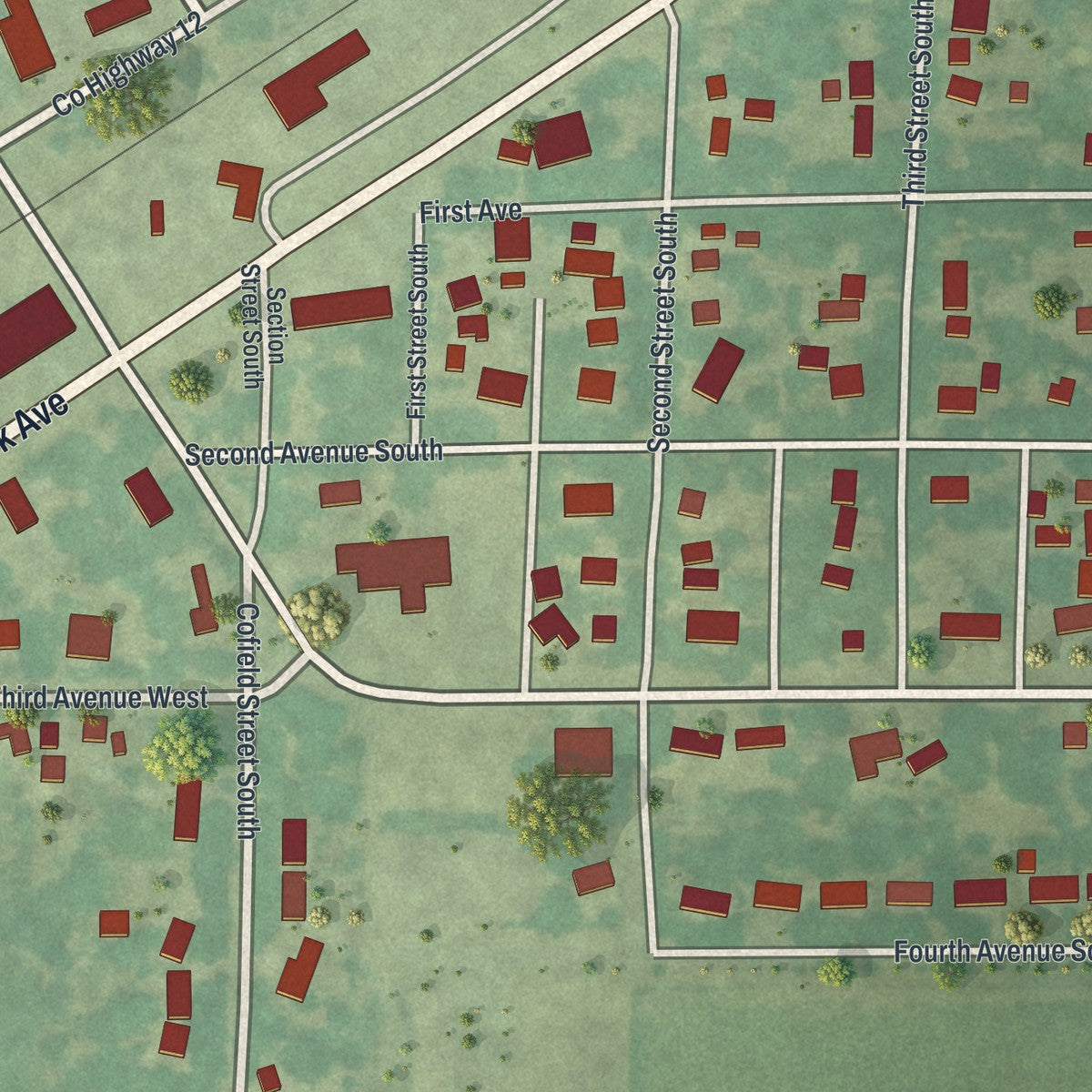 Close-up of the map of Raymond, Minnesota print showing street and building detail