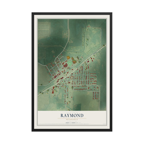 Map of Raymond, Minnesota, 12 x 18 inch print in a black wood frame